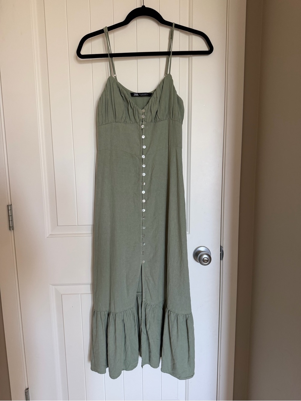 Zara Sage Green Button-Front Midi Dress with Ruffle Hem